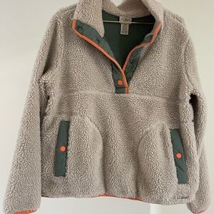 L.L. Bean Cream Sherpa Pullover with Green Trim and Orange Accents